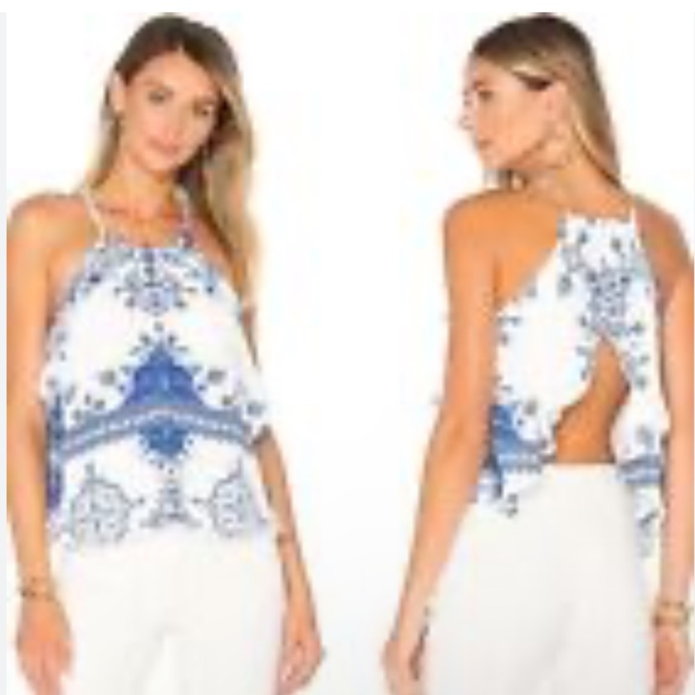 Lovers + Friends Blue White Floral Print Open Back Top Blouse A29